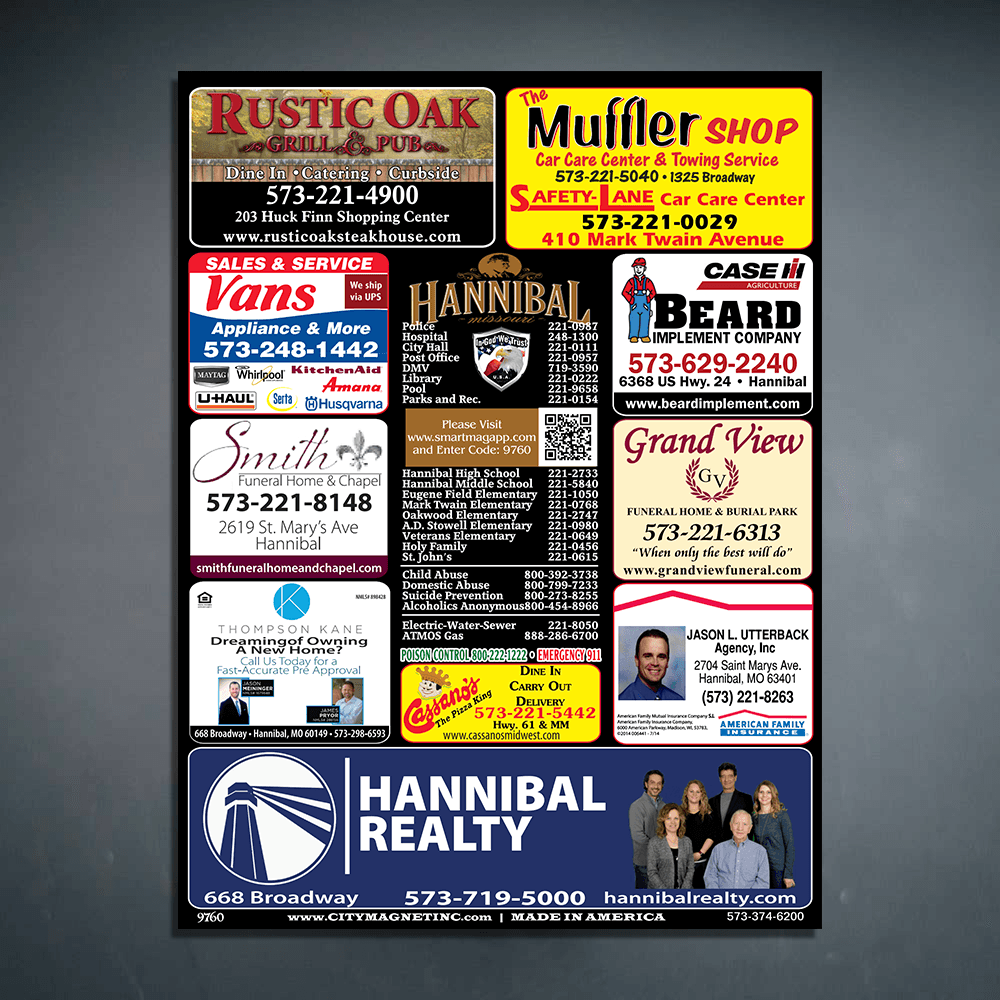 Finished Hannibal city magnet featuring local business advertisements